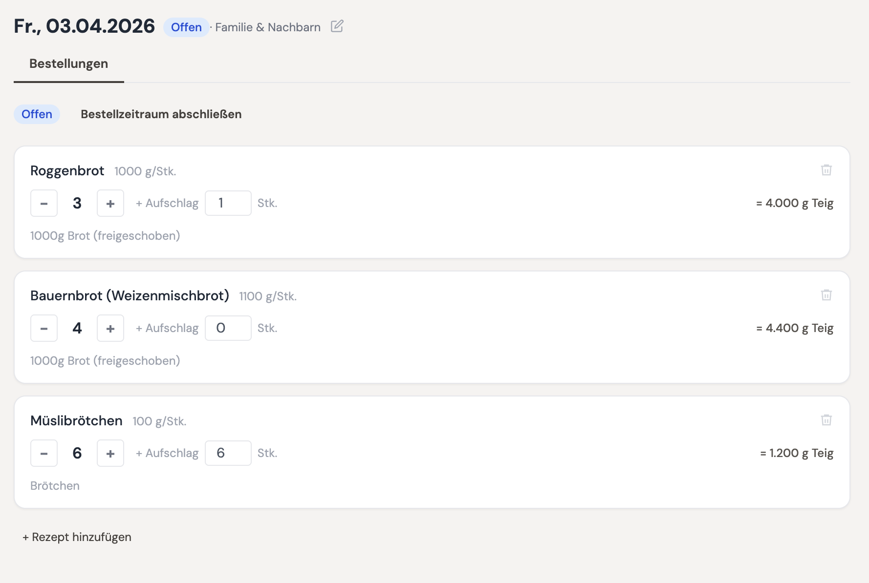 Backtag Bestellungen