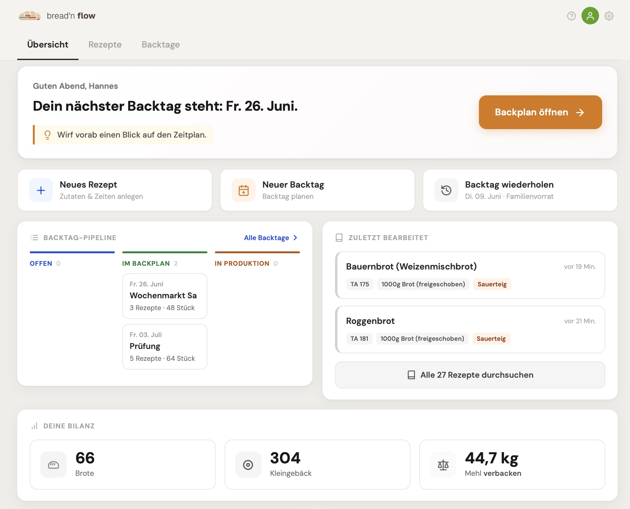 Dashboard mit dem nächsten Backtag im Überblick